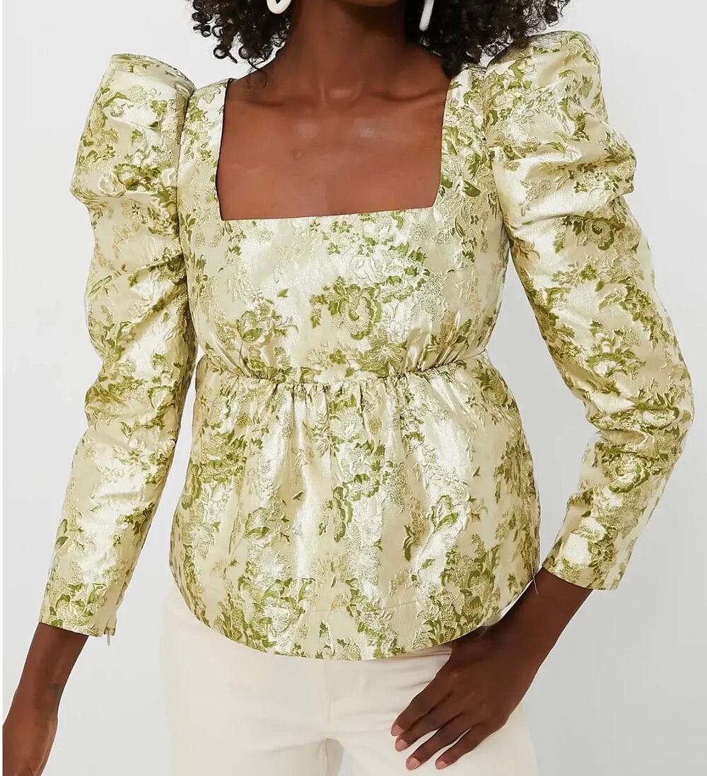 Hyacinth House Jacquard Square Neck Puff Sleeve Blouse Green Jacquard size XS